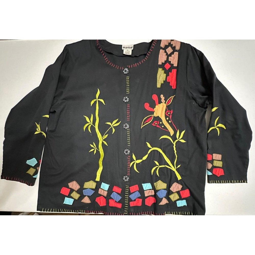 Marisol VTG Black Cotton Embroidered Giraffe Bamboo Button Front Jacket‎ Top 2X
